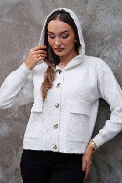 BKUzer Hooded Glittery Knitwear Cardigan with Silver Buttons Soft Wool Textur...