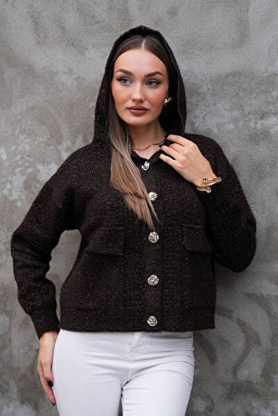 BKUzer Hooded Glittery Knitwear Cardigan with Silver Buttons Soft Wool Textur...