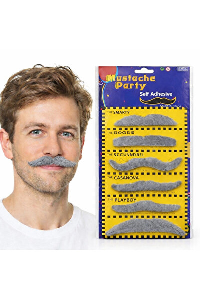 YNT İthalat 6-Piece Adhesive Gray Party Mustache Set – Different Models