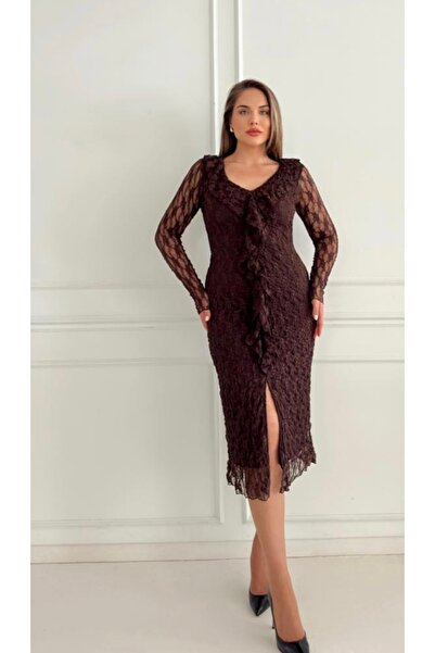 nefes butik Kahve Rengi Dantel Detaylı, Volanlı ve Yırtmaçlı Midi Elbise