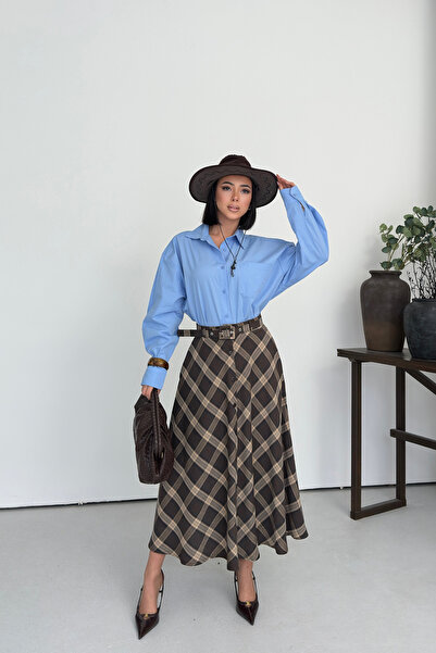 MOZENA Plaid Pocket Detail Slit Long Skirt
