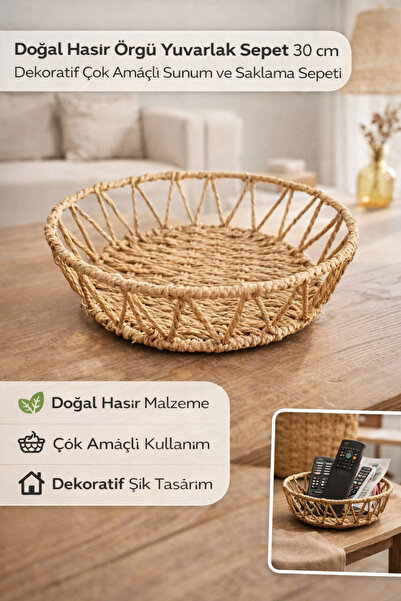 Hane Dostu Doğal Hasır Örgü Yuvarlak Sepet 30 cm Dekoratif Çok Amaçlı Sunum v...