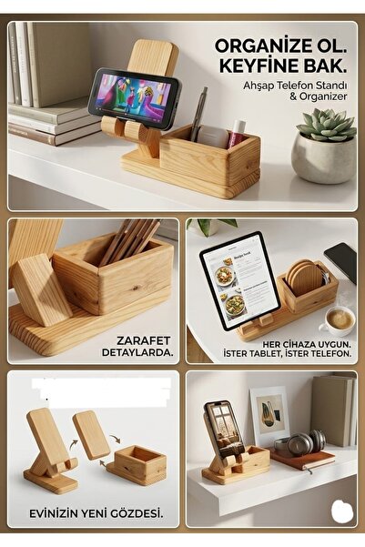 Woodzen Kalemlikli telefon tutucu, çalışma masası düzenleyeci, organizatör