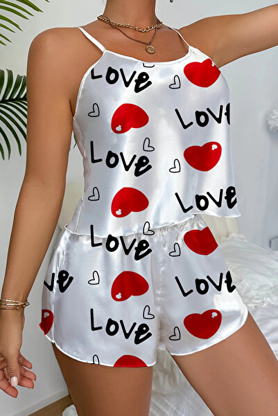 Findit Love Patterned White Satin Shorts Nightdress Set