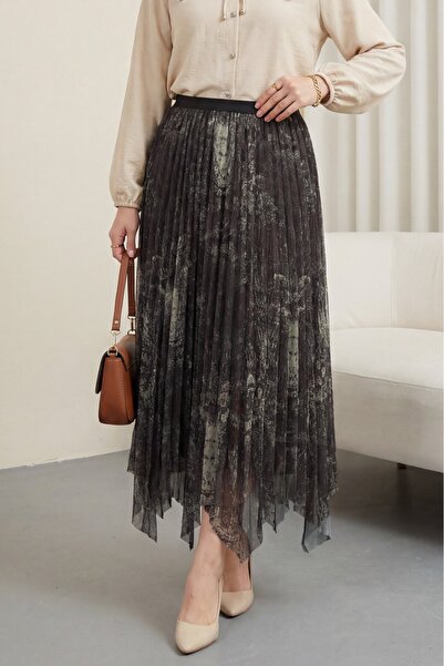 Modamorfo Mixed Pattern Elastic Waist Asymmetrical Cut Lined Tulle Skirt - Ca...