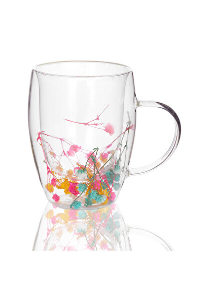 Malooki Double Walled Glass Mug "Life" with Natural Multicolored Dried Flower...