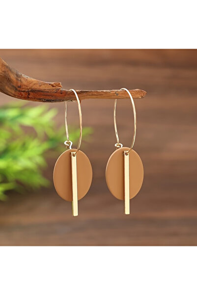 BUNILU Brown oval earrings with gold bar, modern minimalist design
