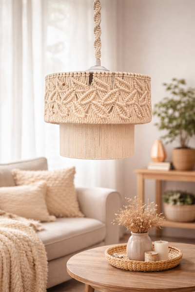 zeynep süs ev Modern Bohem Makrome Sarkıt Avize – Dekoratif Tavan Lambası