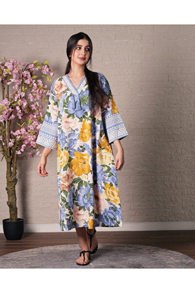 hendam Women's midi jalabiya with tropical Floral Print and blue geometric em...