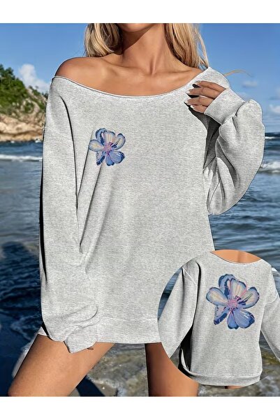 OVER HEAD Women's Floral Printed Boat Neck Oversized Sweatshirt