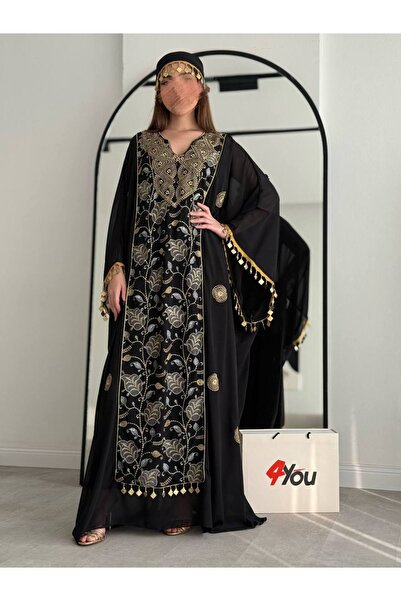 Generic Elegant traditional black jalabiya with gold embroidery