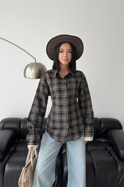 MOZENA Plaid Lace Detail Beli Tie-Detail Shirt
