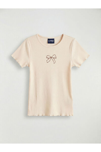 LC Waikiki Ecru Crew Neck Bow Printed Girls' T-Shirt