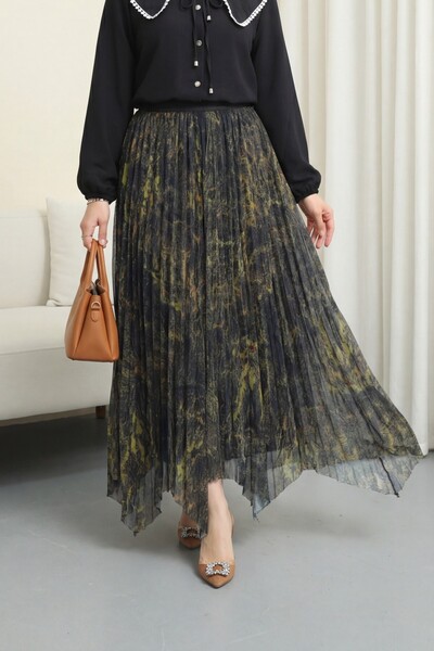 Modamorfo Mixed Pattern Elastic Waist Asymmetrical Cut Lined Tulle Skirt - Oi...