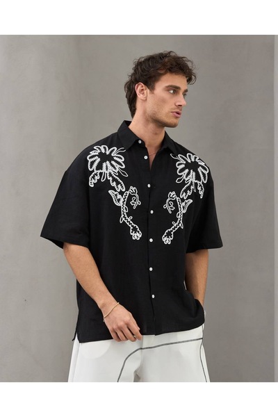 Yeblin Oversized Floral Pattern Shirt Embroidered