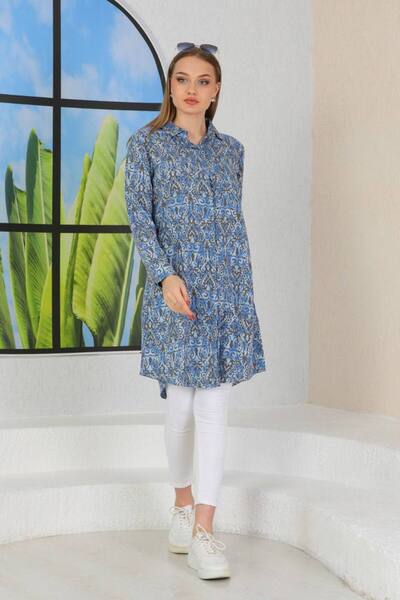 Polologin Butik Plus Size Floral Print Shirt Dress - Salmon and Blue Match