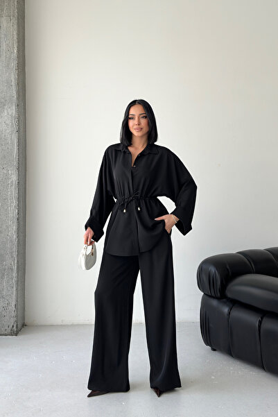 MOZENA Shirt and Pants Set with Tie Detail, Loose Fit Two-Piece Set