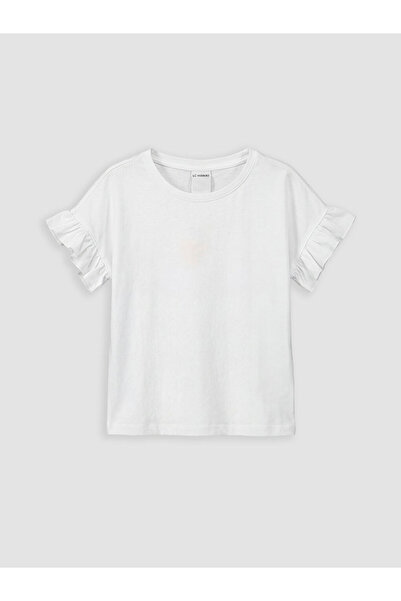 LC Waikiki GiyÇık Store den Beyaz Bisiklet Yaka Fırfırlı Kız Çocuk Tişört