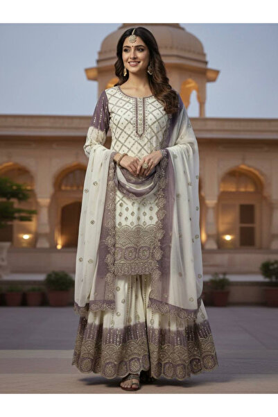 MYSMAR Off-White Georgette Top Bottom & Dupatta - FFT5843 | Off-White