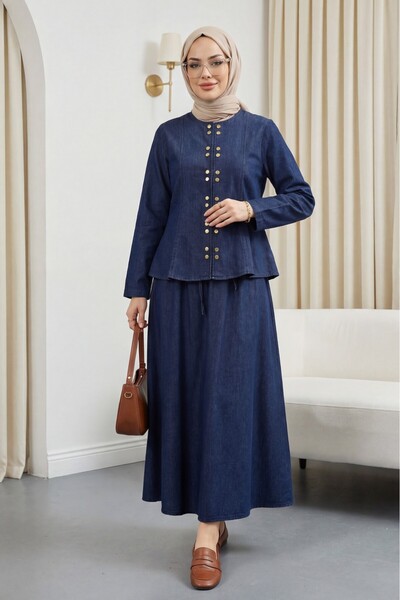 Modamorfo Denim Suit with Snap Fasteners on the Front and Lace Detail on the ...