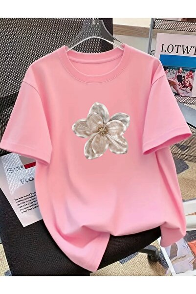FUFLUNS Glossy Flower Printed Oversize Crew Neck T-Shirt