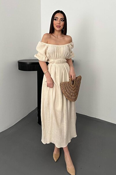 Caddebostan Moda Φόρεμα Yakası Με σούρες Muslin Λινό με τετράγωνο γιακά και ε...