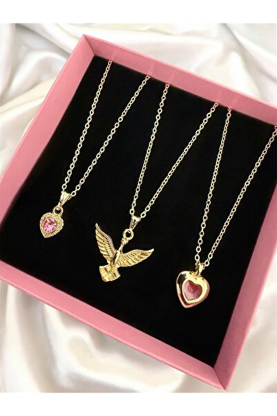Madam Bikan Gold Renk 3 Lü Anka Kuşu Pembe Kalp Kombin Set Kolye