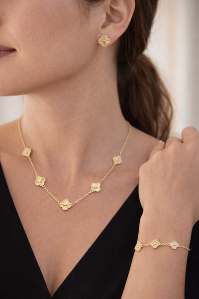 Liva Group Atelier 14K Altın Kaplama Yonca Desenli Kolye Küpe Bileklik 3 lü K...