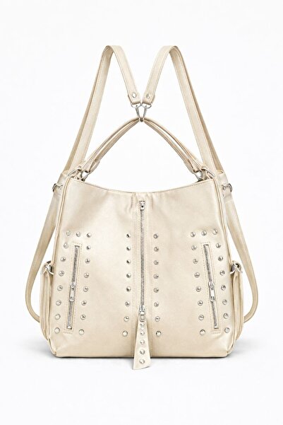 ÇANTAM GELSİN Women's Soft Leather Studded Detail Multi-Compartment Large Siz...