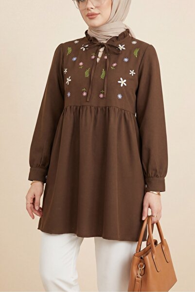 Modamorfo V-Neck Tie-Detail Tunic with Ruffled Collar and Floral Embroidery -...