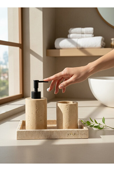 İSAOĞLU YAPI Bathroom Soap Dish Black Travertine Triple Set Toothbrush Holder...