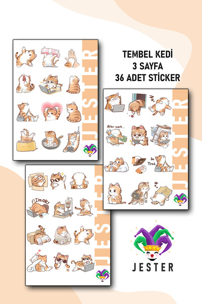 Jester Tembel Kedi 3'lü Sticker, Çıkartma, Günlük, Ajanda, Planlayıcı, Bullet...