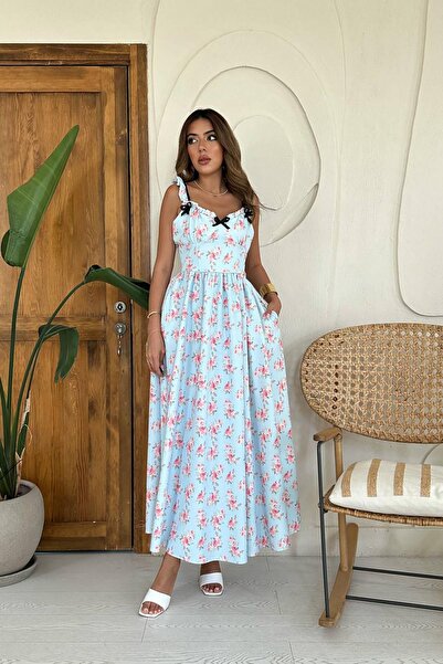 Caddebostan Moda Rochie lungă cu fundă în față și bretele cu imprimeu floral ...