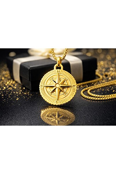 voyageaccessory قلادة بوصلة ذهبية اللون بتصميم أنيق ورجولي من الفولاذ المقاوم...