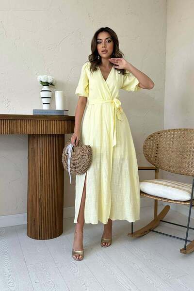 Caddebostan Moda Double-Breasted Collared Muslin Linen Tie-Detail Midi Length...