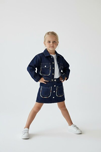 CHİCKİDSWEAR Girl's Denim Jacket Skirt Set Denim 2-Piece Regular Combination