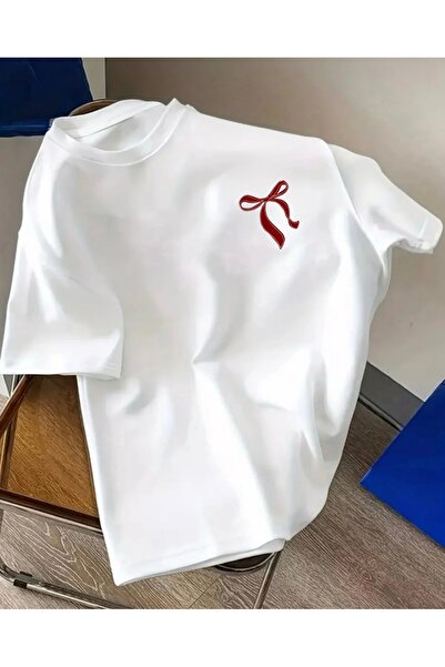 FUFLUNS Μπλουζάκι με στάμπα κόκκινης κορδέλας, oversized, με λαιμόκοψη ποδηλάτου