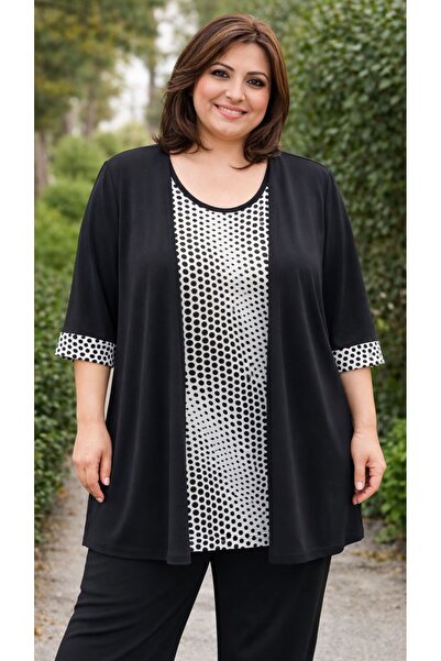 Mügerella Plus Size Double Suit Look Black and White D Patterned Tunic Cardigan