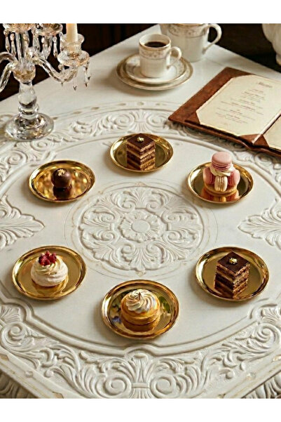 mucit home 6 Adet Gold Paslanmaz Çelik Pasta Tatlı Tabağı - Bayramlık Misafir...