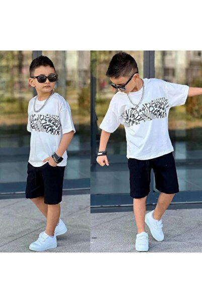 sinmm Boy's Linen Shorts and Top 2-Piece Set (Black-White)