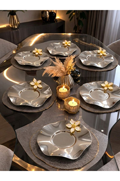 mucit home 6 Adet Gümüş Paslanmaz Çelik Çiçekli Çay Tabağı - Bayramlık Misafi...