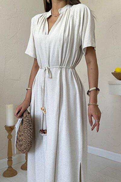 Caddebostan Moda Women's Linen Look Casual Waistline Tie-Detail V-Neck Relaxe...