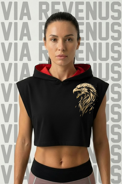 Vordevia Γυναικείο αθλητικό crop top με στάμπα αετού και κουκούλα χωρίς μανίκια