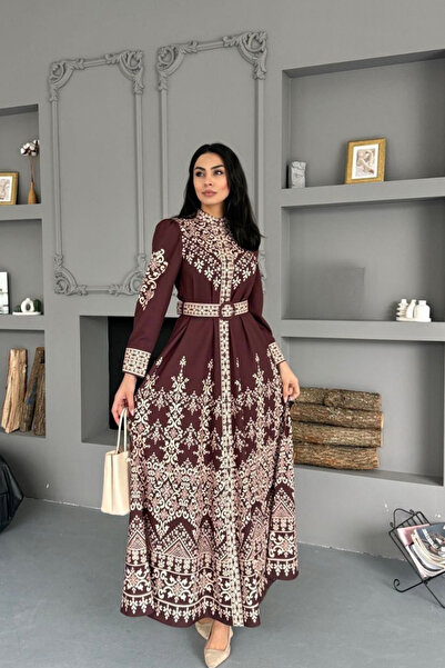 WellWay Atlas Fabric Floral Print Shirt Collar Button Detailed Brown Dress (I...