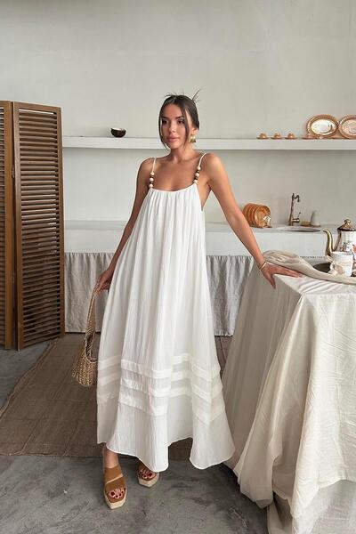 Caddebostan Moda Women's Strappy Beaded Detailed Muslin Maxi Length Casual Be...