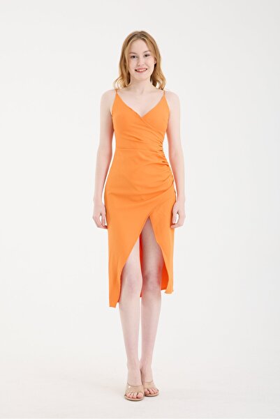 Modazeyosh Women's Strappy Double-Breasted Ruffle Detail Dress