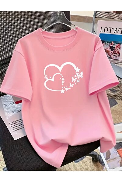 FUFLUNS تي شيرت برقبة دائرية كبير الحجم للجنسين مطبوع عليه قلب فراشة للنساء/ا...