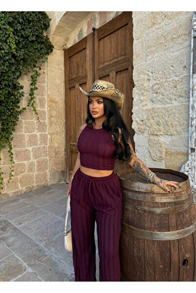 kırmızı butiks Σετ δύο τεμαχίων με ραφές ανάποδα σε χρώμα μούρι