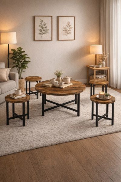 MARIA HOMES Industrial 5-Piece Round Coffee Table Set Rustic Brown Wood Cente...