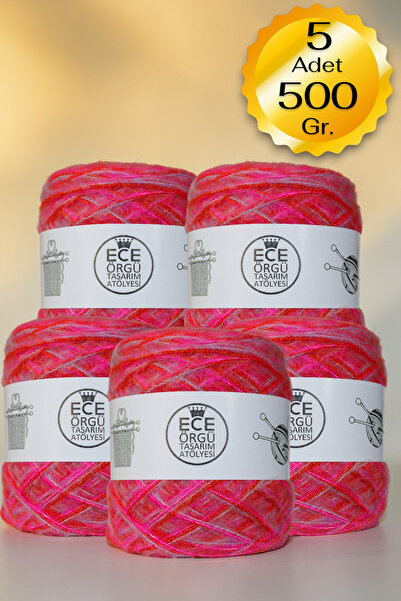Ece Örgü Tasarım Atölyesi Jorgovan - Roze - Narandžasta, tri sloja Angora, di...